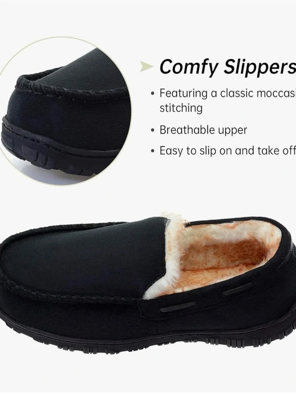 Amazon Black Slip-On Moccasin Slippers with Cream Fleece Lining